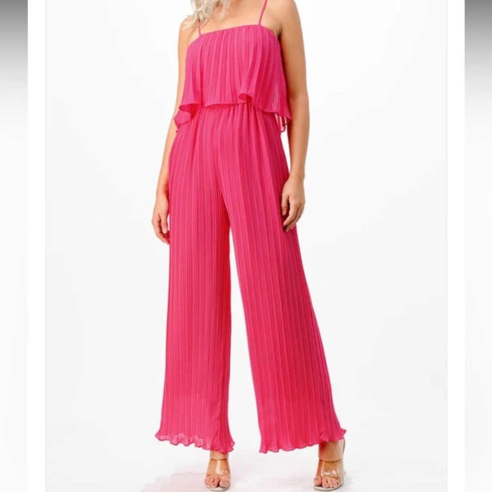TALIA BENSON Pink Pleated Wide Leg Jumpsuit‎ Party Chiffon Italy Tropical L